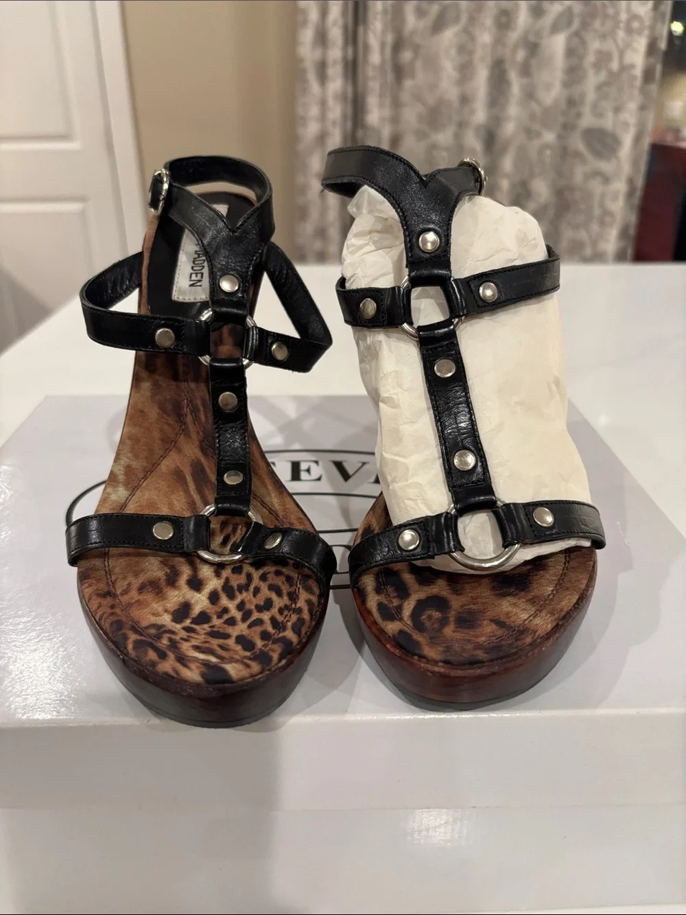 Steve Madden Black Leather & Leopard Print Stiletto Sandals